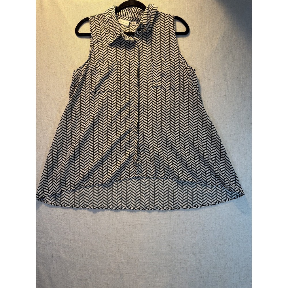 Kim Rogers Womens Sleeveless Button Down Blouse Black White Chevron High Low L